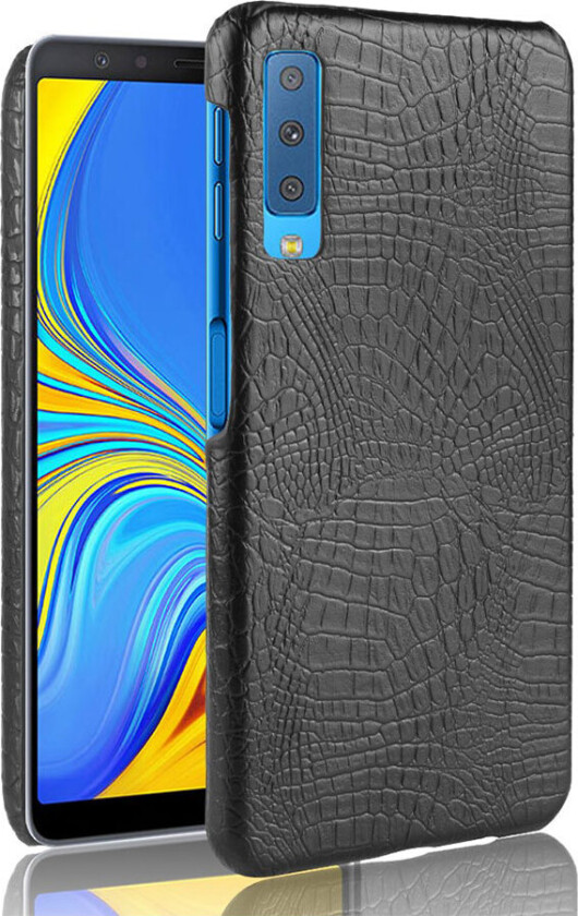 Galaxy A7 beskyttelses deksel av plastikk dekt i syntetisk skinn med krokodille tekstur - svart