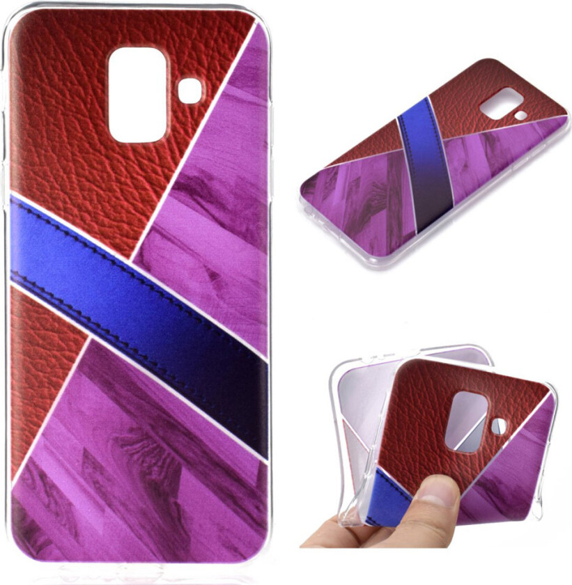 Galaxy A6 beskyttelses deksel av TPU med delt design av marmor og skinn tekstur - lilla