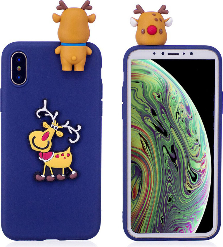 iPhone XS beskyttelses deksel av TPU med 3D jule dyr mønster - blå bakgrunn med reinsdyr