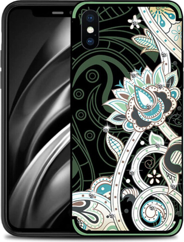 NXE iPhone Xs Max beskyttelses deksel av TPU med printet mønster og bergkrystall dekor - grønn