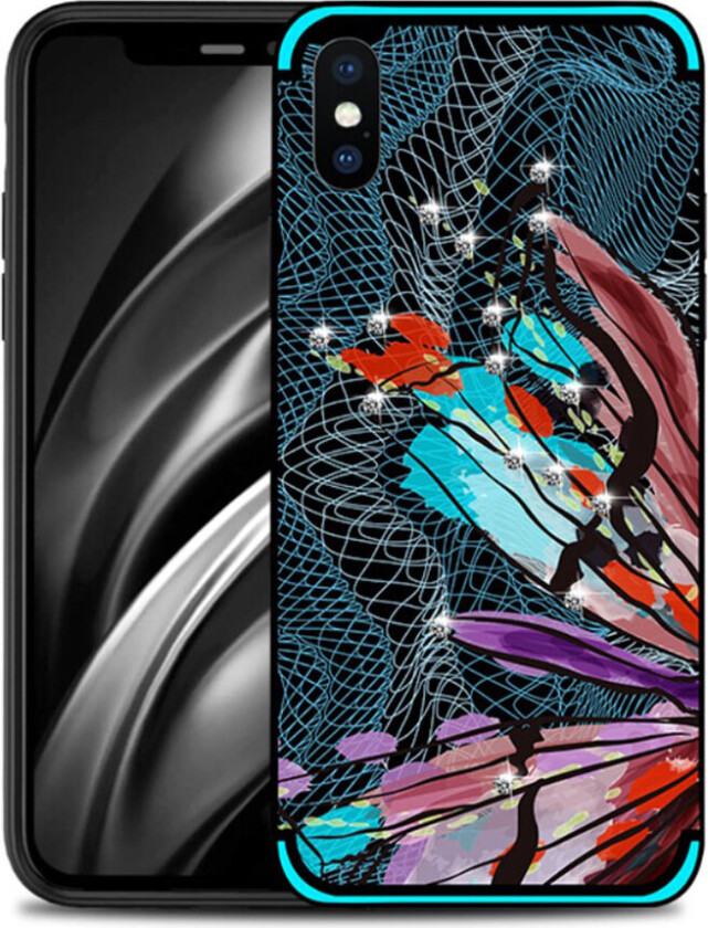 NXE iPhone Xs Max beskyttelses deksel av TPU med printet mønster og bergkrystall dekor - turkis