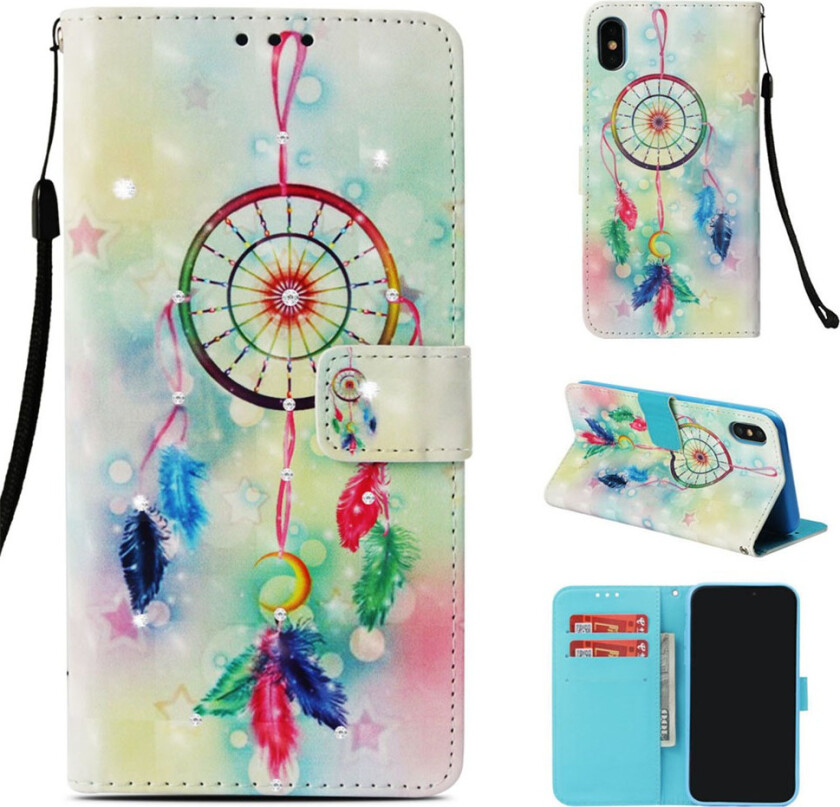 iPhone Xs Max beskyttelses deksel av syntetisk skinn med lyse flekker og diamant dekor med printet mønster - drømme fanger