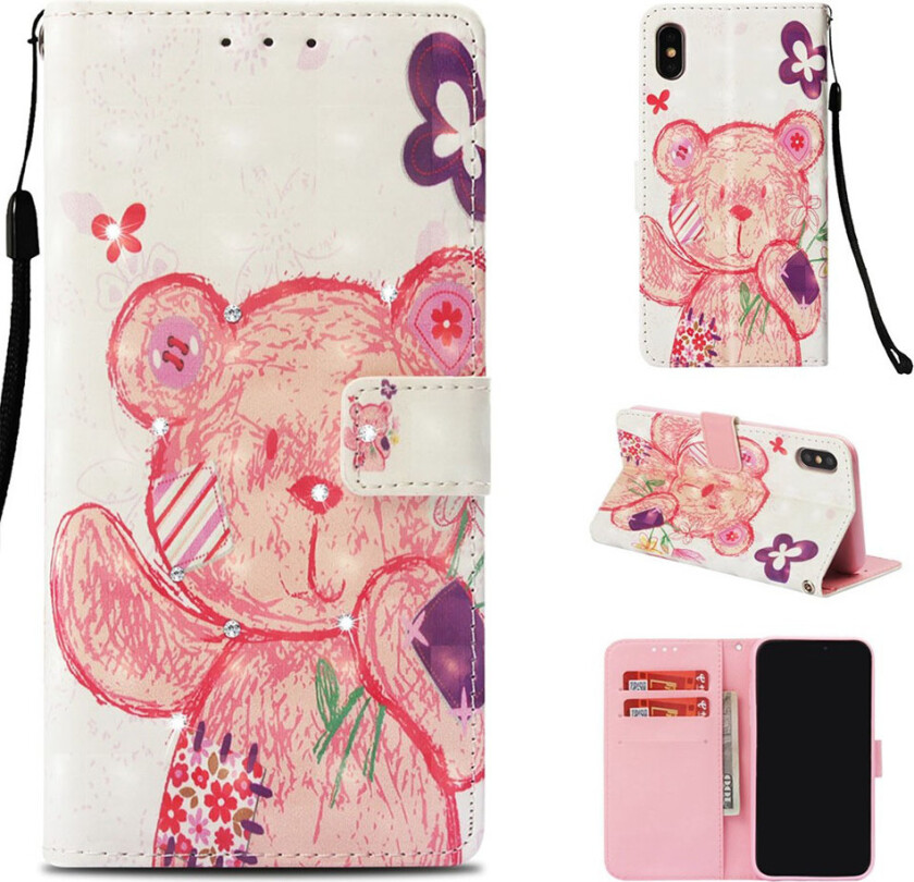 iPhone Xs Max beskyttelses deksel av syntetisk skinn med printet mønster og bergkrystall dekor - bjørn