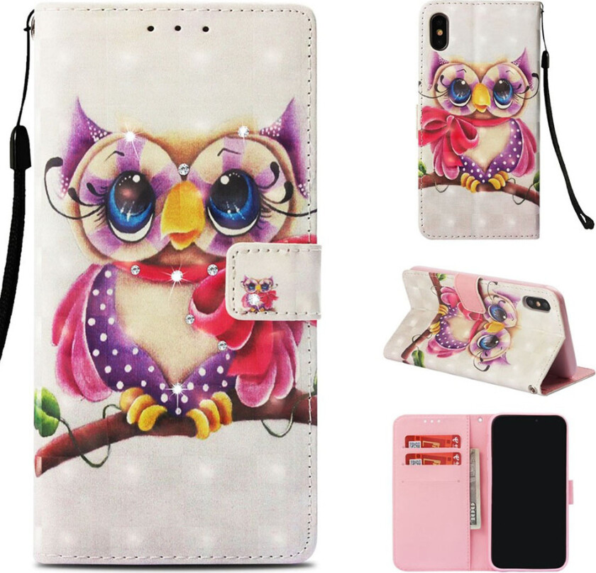 iPhone Xs Max beskyttelses deksel av syntetisk skinn med printet mønster og bergkrystall dekor - ugle