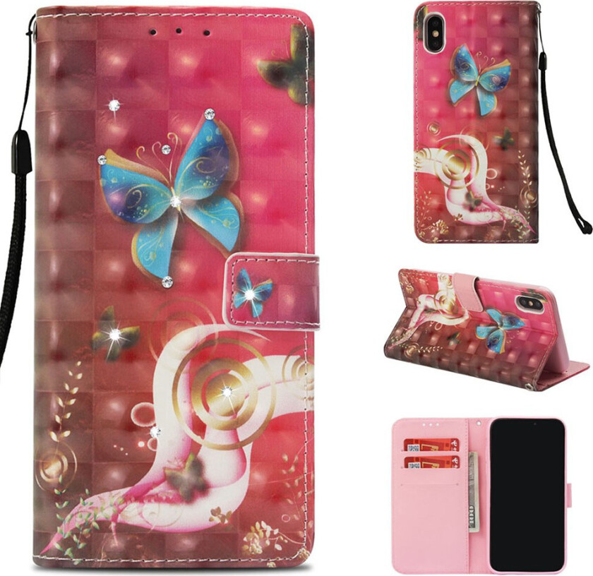 iPhone Xs Max beskyttelses deksel av syntetisk skinn med printet mønster og bergkrystall dekor - blå sommerfugl