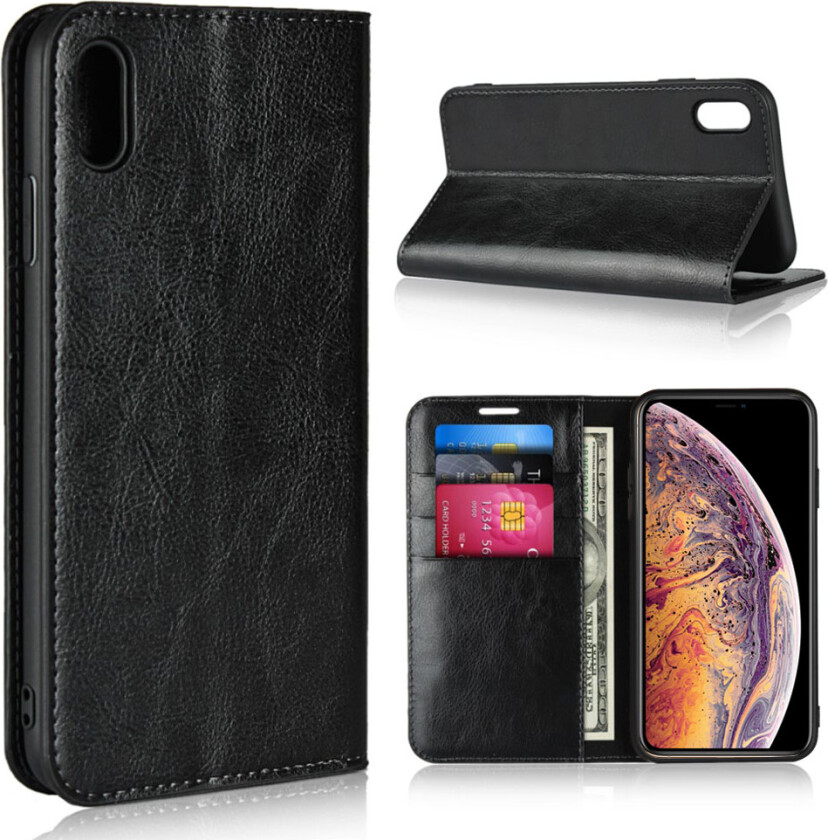 iPhone Xs Max beskyttelses deksel av ekte skinn med vill hest tekstur - svart