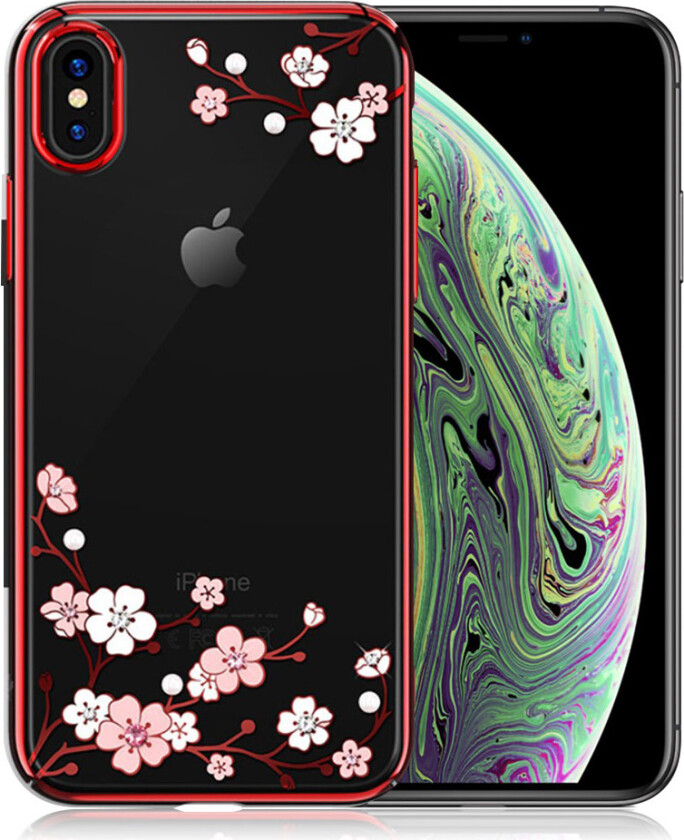 KINGXBAR iPhone XS beskyttelses deksel av plastikk med bergkrystall dekor og galvaniserte kanter - fersken blomstring rød