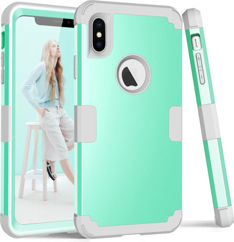 iPhone Xs Max beskyttelses deksel av plastikk og silikon i 3 deler - turkis og lyse grå