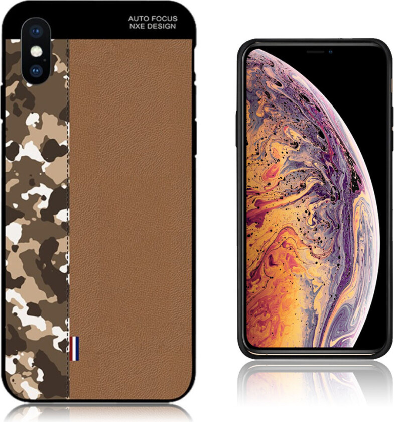 NXE iPhone Xs Max beskyttelses deksel av TPU med delt mønster i kamuflasje og enfarget - brun kamuflasje og brun