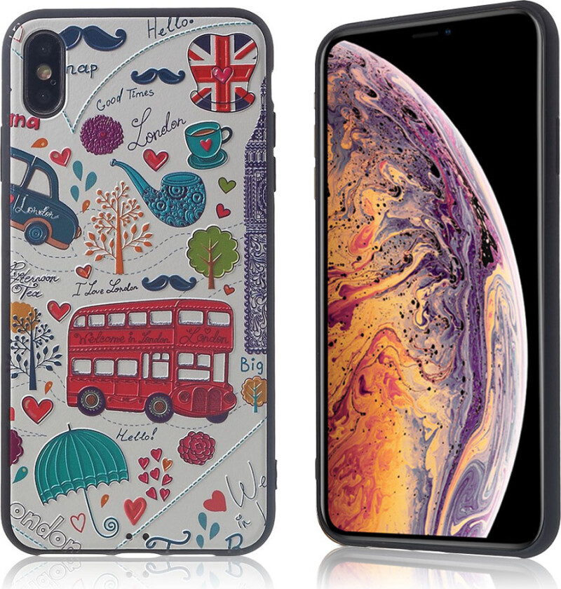 iPhone Xs Max beskyttelses deksel av TPU med hevet printet mønster - tegneserie london elementer