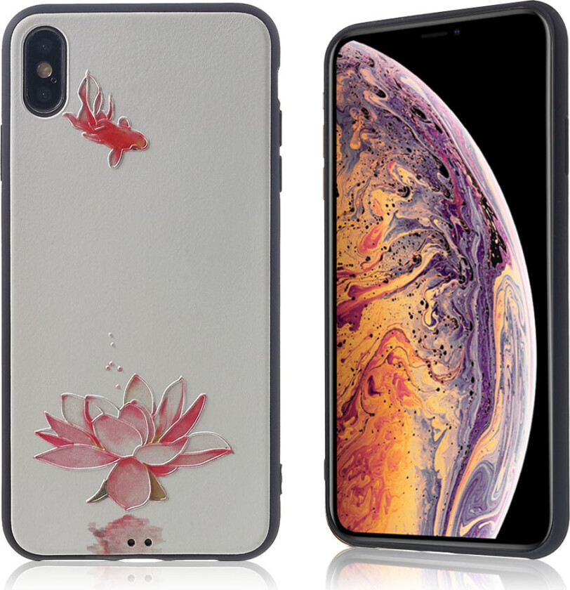 iPhone Xs Max beskyttelses deksel av TPU med hevet printet mønster - lotus blomst og gull fisk