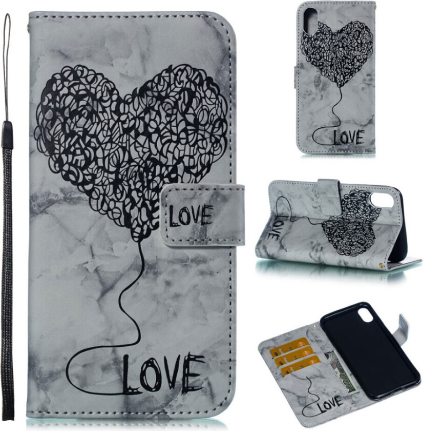 iPhone Xs Max beskyttelses deksel av syntetisk skinn med printet mønster av hjerte og marmor - svart