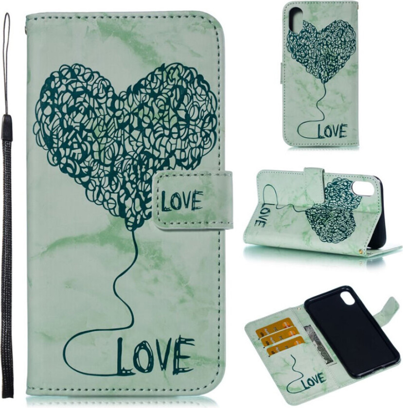 iPhone Xs Max beskyttelses deksel av syntetisk skinn med printet mønster av hjerte og marmor - grønn