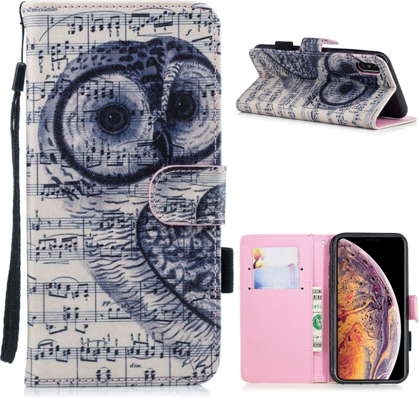 iPhone Xs Max beskyttelses deksel av syntetisk skinn med printet mønster - ugle og noteplan