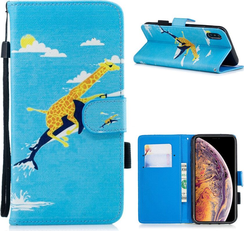 iPhone Xs Max beskyttelses deksel av syntetisk skinn med printet mønster - sjiraff rir hval