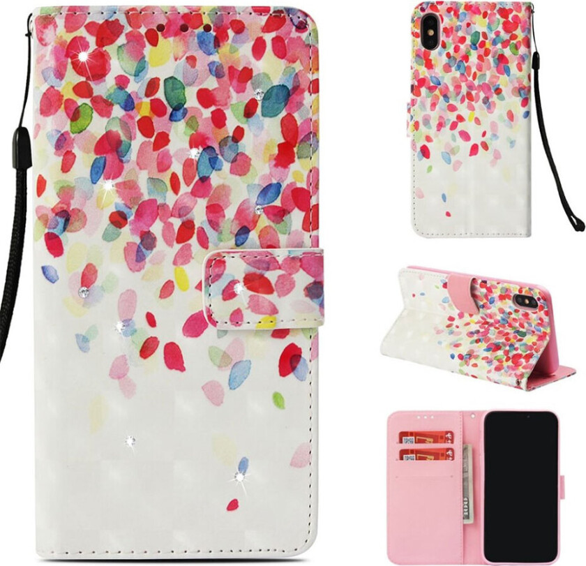 iPhone Xs Max beskyttelses deksel av syntetisk skinn med printet mønster og berg krystall dekor - fargefulle blader