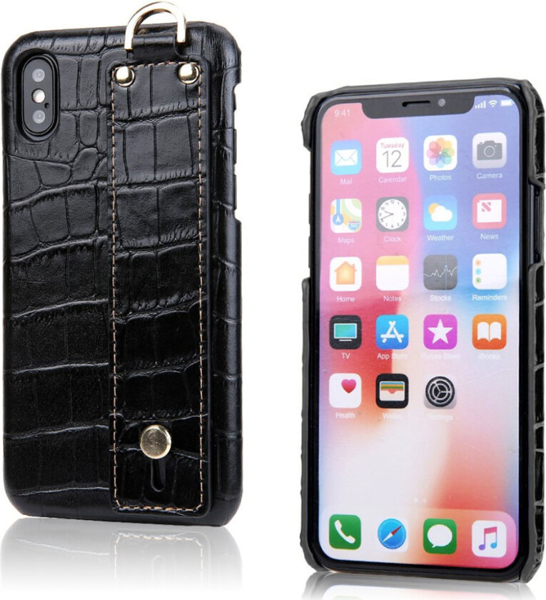 iPhone Xs Max beskyttelses deksel av plastikk dekt i ekte skinn med krokodille tekstur - svart
