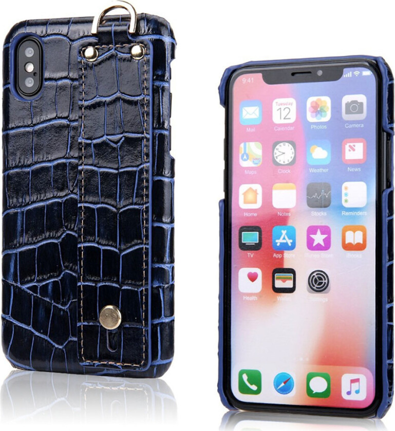 iPhone Xs Max beskyttelses deksel av plastikk dekt i ekte skinn med krokodille tekstur - blå