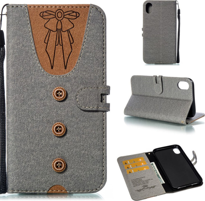 iPhone Xr beskyttelses deksel av syntetisk skinn med dame sløyfe og knapper dekor - grå