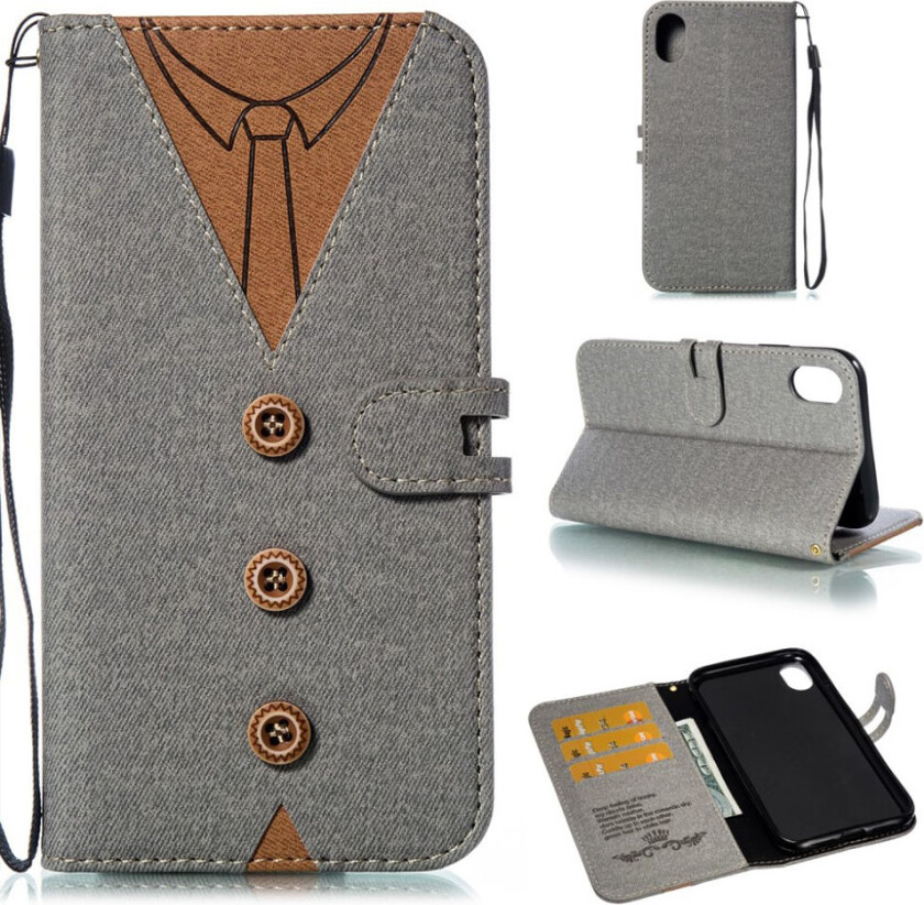 iPhone Xr beskyttelses deksel av syntetisk skinn med slips og knappe dekor - grå