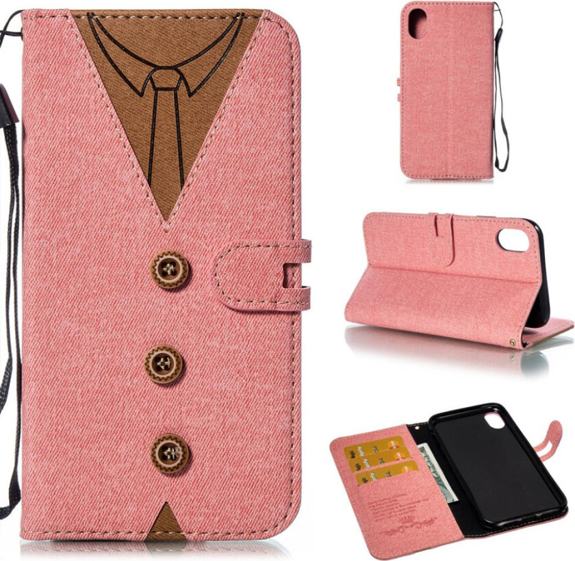 iPhone Xr beskyttelses deksel av syntetisk skinn med slips og knappe dekor - rosa