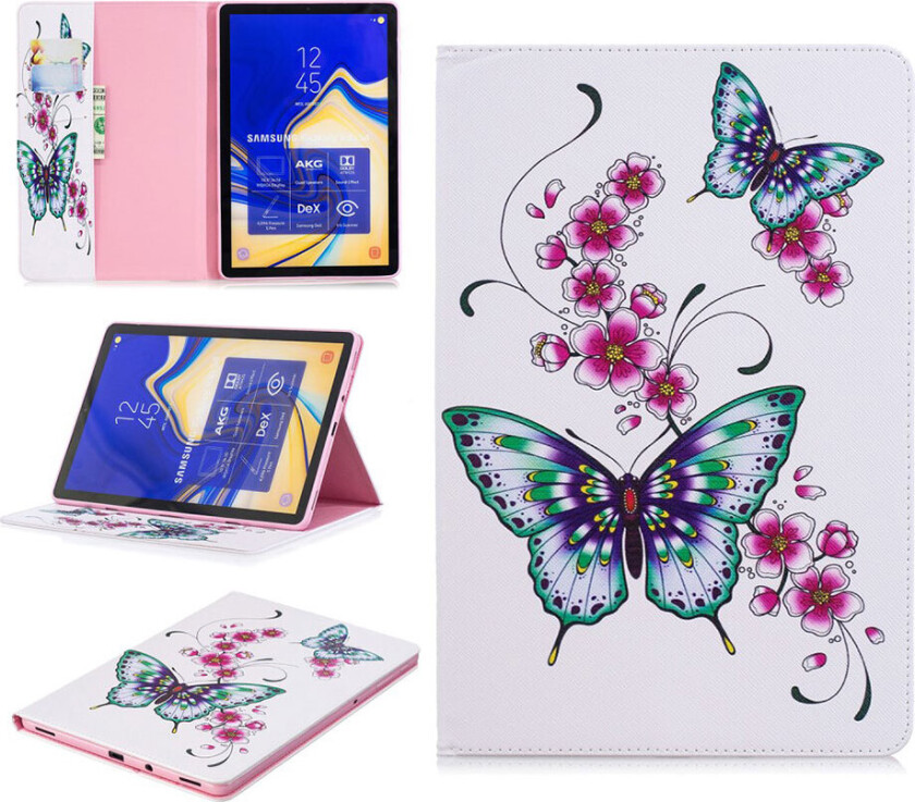 Galaxy Tab S4 beskyttelses deksel av syntetisk skinn med printet mønster - sommerfugler og blomster