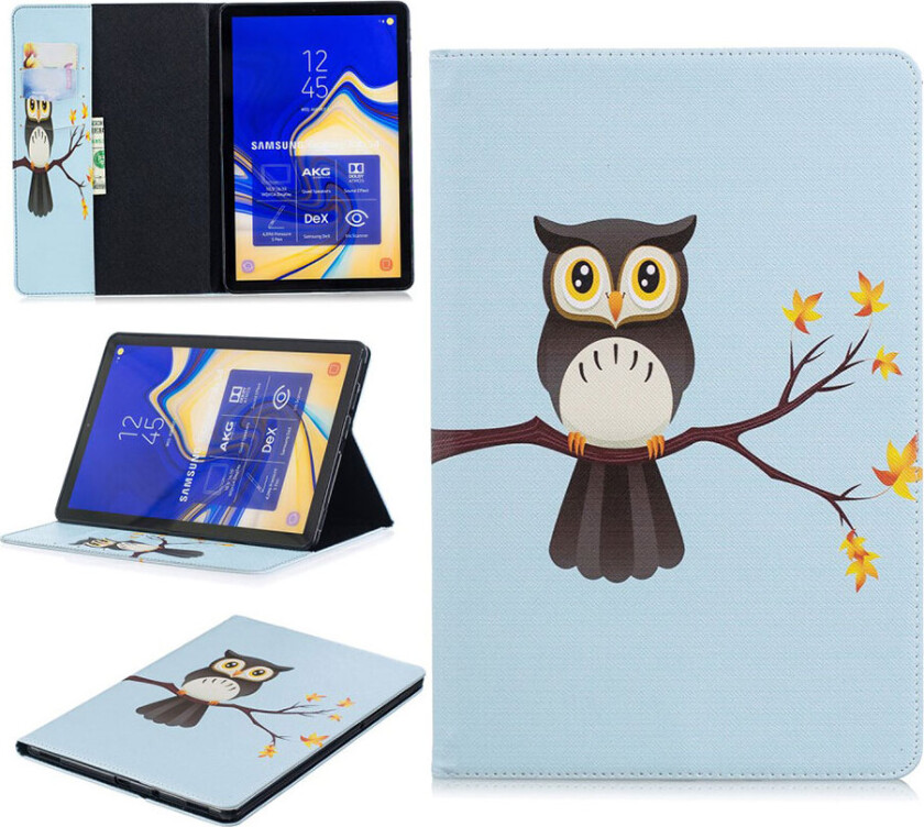 Galaxy Tab S4 beskyttelses deksel av syntetisk skinn med printet mønster - ugle står på grein