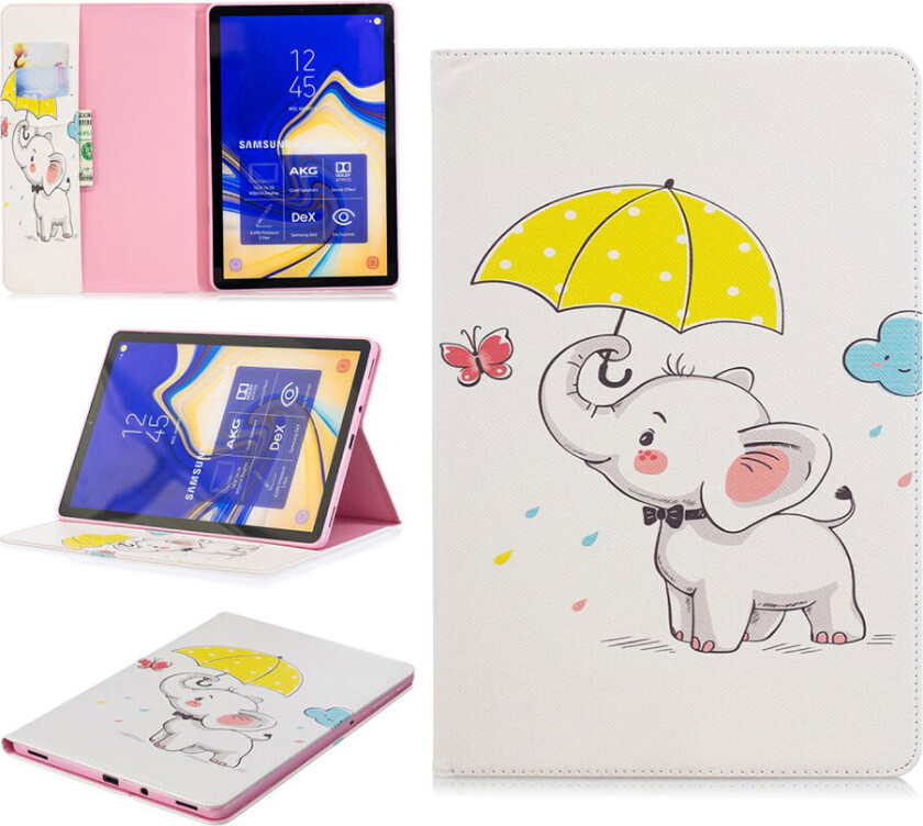 Galaxy Tab S4 beskyttelses deksel av syntetisk skinn med printet mønster - elefant holder en paraply