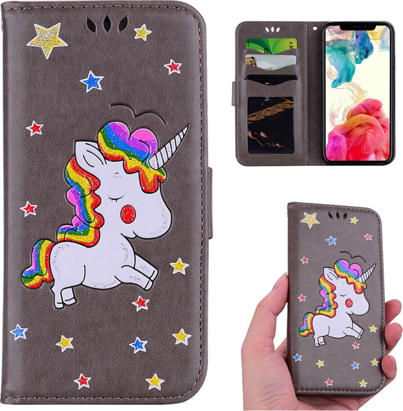 iPhone Xs Max beskyttelses deksel av syntetisk skinn med printet enhjørning mønster og glitter - grå