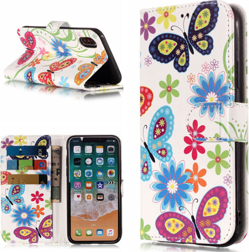 iPhone Xs Max beskyttelses deksel av syntetisk skinn med printet mønster - sommerfugl blomst