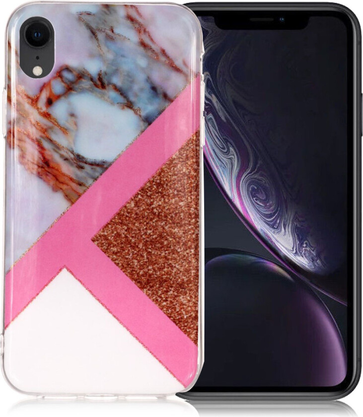 iPhone Xr beskyttelses deksel av TPU med IMD marmor printet mønster og glitter - rosa og rose gull