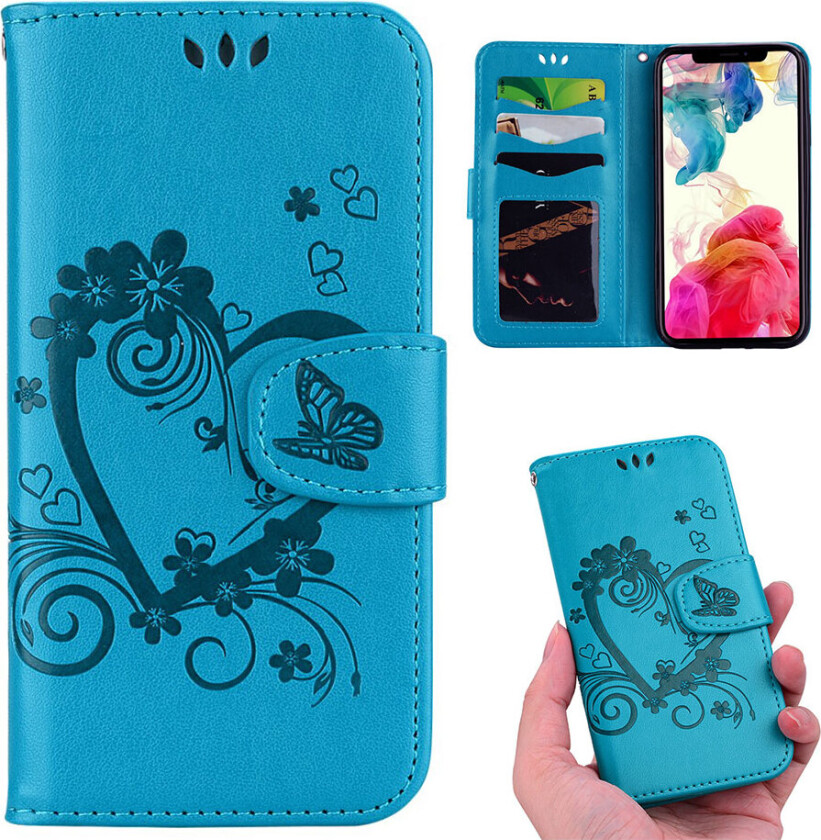 iPhone Xr beskyttelses deksel av syntetisk skinn med hjerte blomst avtrykk - blå