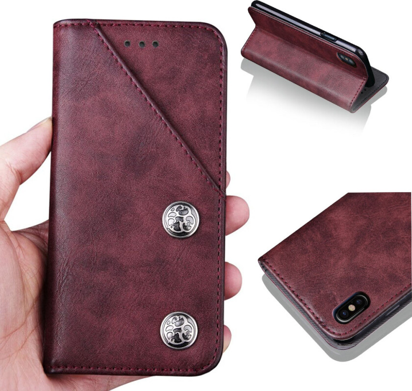 iPhone XS beskyttelses deksel av syntetisk skinn med vintage stil - vinrød