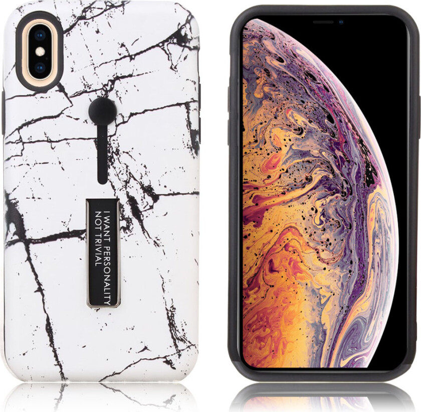iPhone Xs Max beskyttelses deksel av plastikk og TPU med hevet marmor printet mønster - svart og hvit