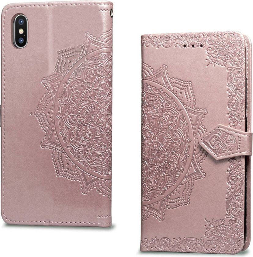 iPhone Xs Max beskyttelses deksel av syntetisk skinn med halv mandala blomst avtrykk - rose gull
