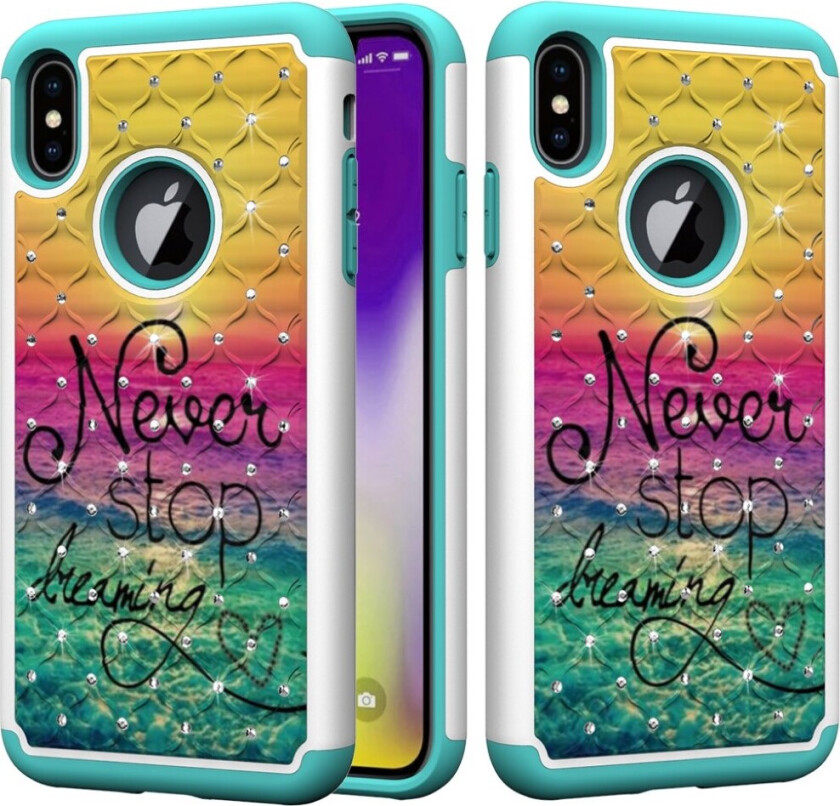 iPhone Xs Max beskyttelses deksel av TPU og plastikk med printet mønster og bergkrystall dekor - aldri stopp å drøm