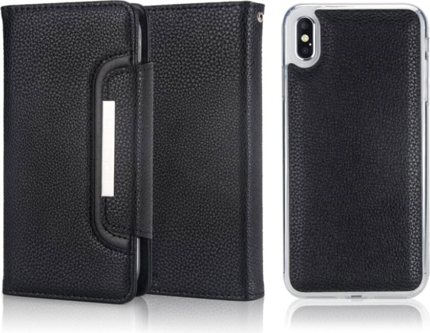 iPhone Xs Max beskyttelses deksel av syntetisk skinn med 2 i 1 design og litchi tekstur - svart