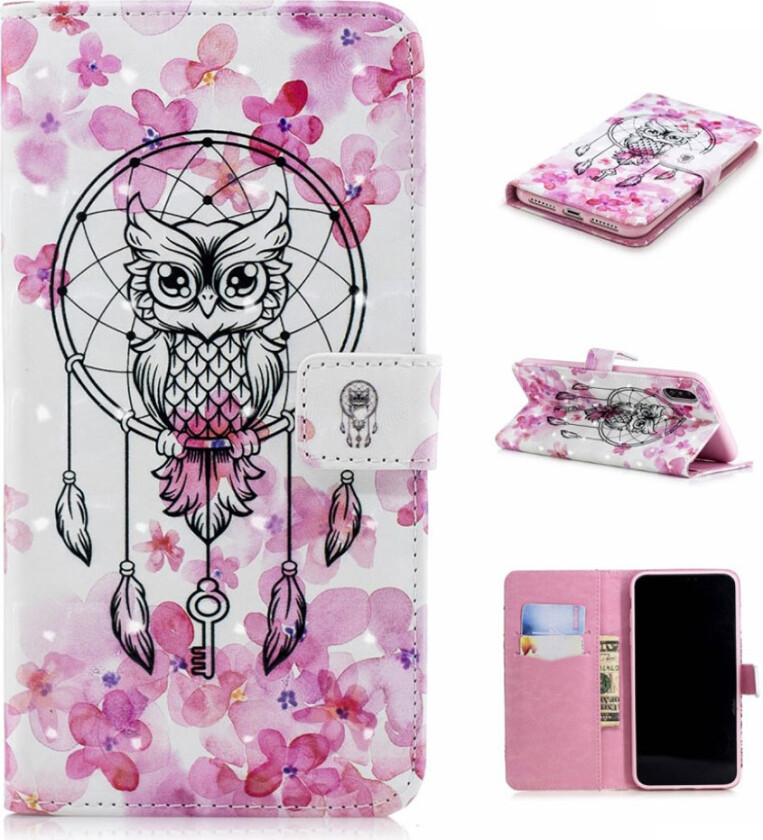 iPhone Xs Max beskyttelses deksel av syntetisk skinn med printet mønster og lyse flekker dekor - ugle på drømme fanger