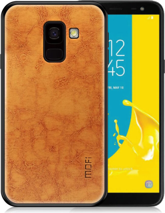 MOFI Samsung Galaxy J6 beskyttelses deksel av plastikk dekt i syntetisk skinn - brun