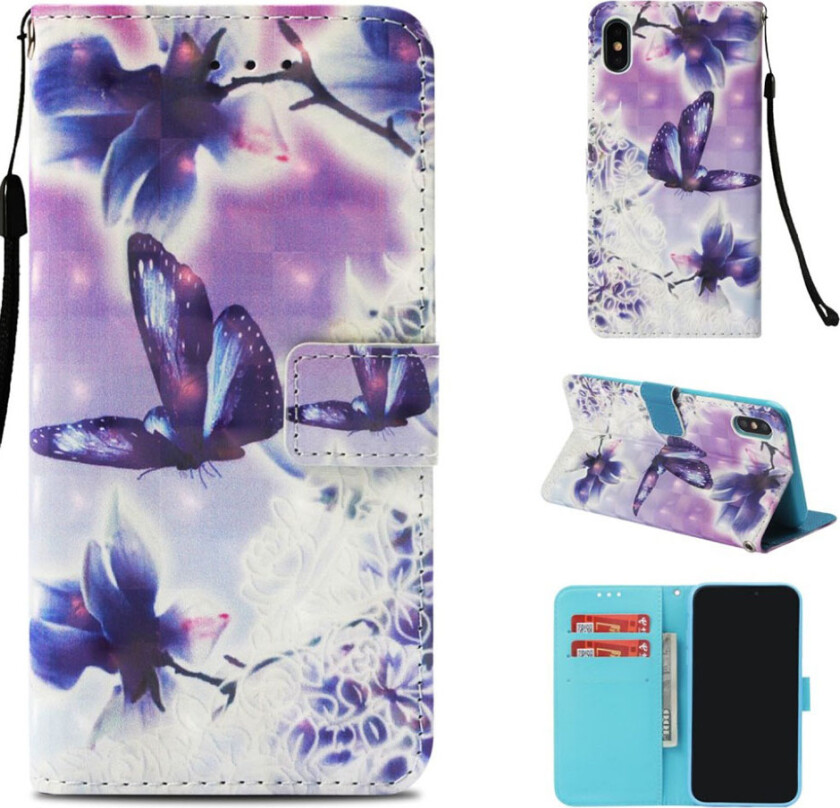 iPhone Xs Max beskyttelses deksel av syntetisk skinn med printet mønster og lyse flekker dekor - livlig sommerfugl