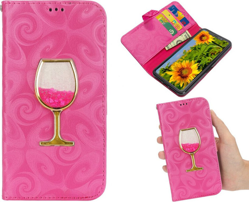 iPhone Xr beskyttelses deksel av syntetisk skinn med kvikksand glitter pulver i vinglass og spiral tekstur - rose