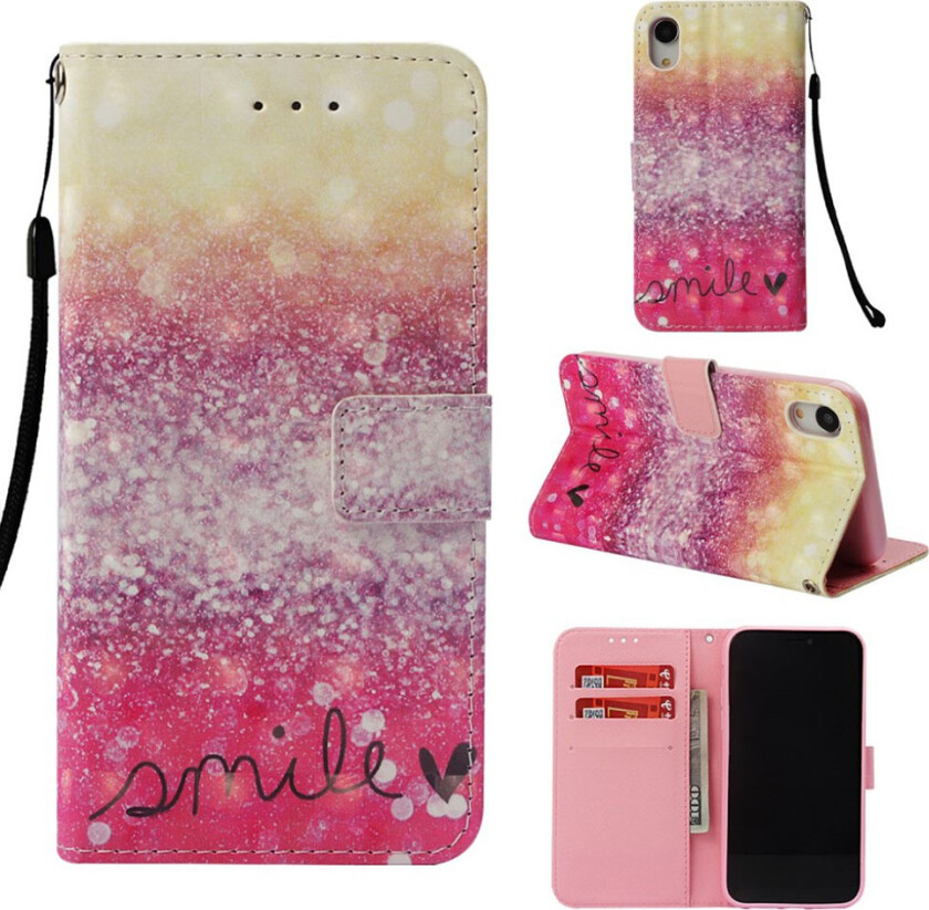 iPhone Xr beskyttelses deksel av syntetisk skinn med printet mønster og lyse flekker dekor - SMILE mønster