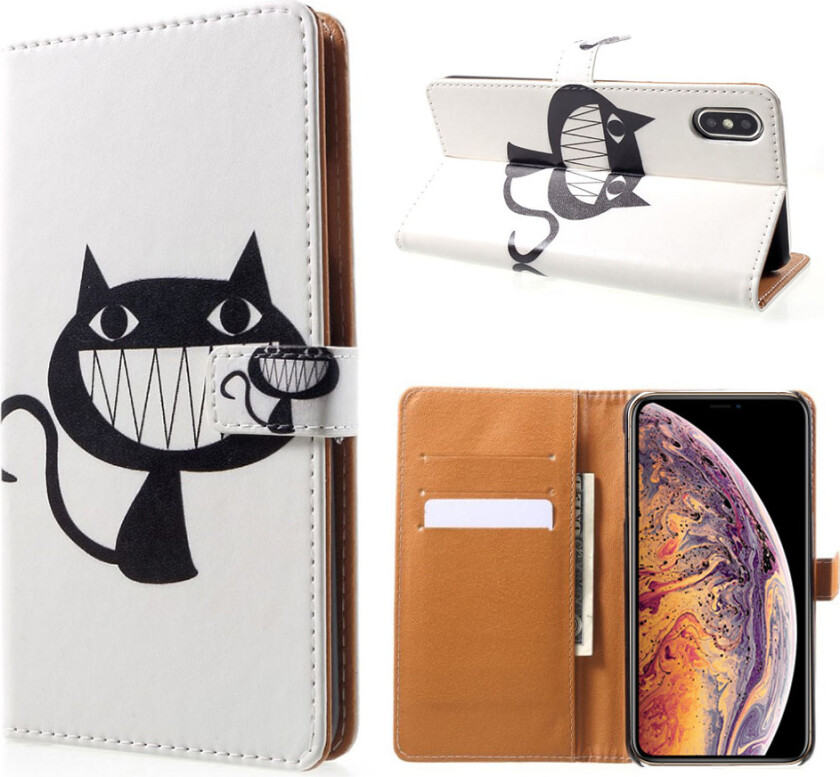 iPhone Xs Max beskyttelses deksel av syntetisk skinn med printet mønster - svart katt