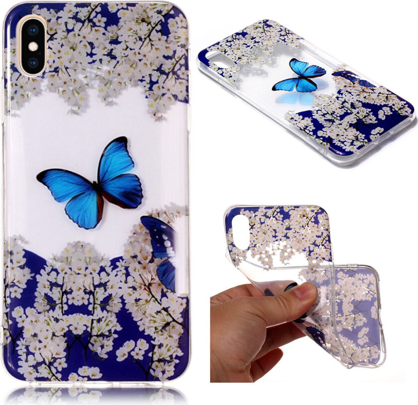 iPhone 9 Plus beskyttelses deksel av TPU med IMD Printet mønster som er selvlysende - hvit blomst og blå sommerfugl