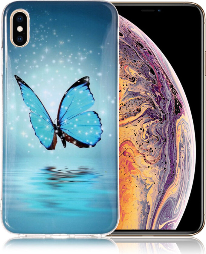 iPhone 9 Plus beskyttelses deksel av TPU med IMD Printet mønster som er selvlysende - blå sommerfugl