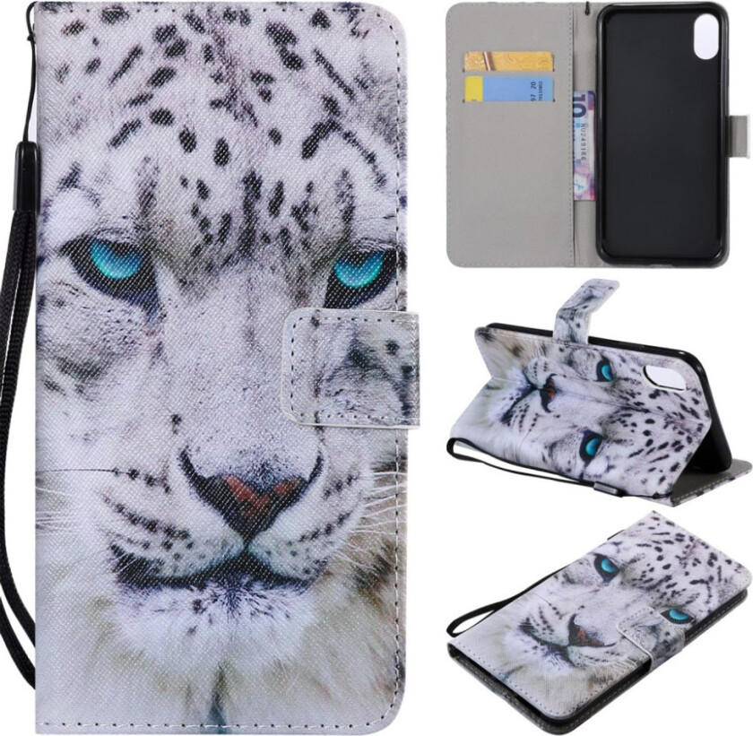 iPhone 9 Plus beskyttelses deksel av syntetisk skinn med printent mønster og lyse flekker dekor - leopard ansikt