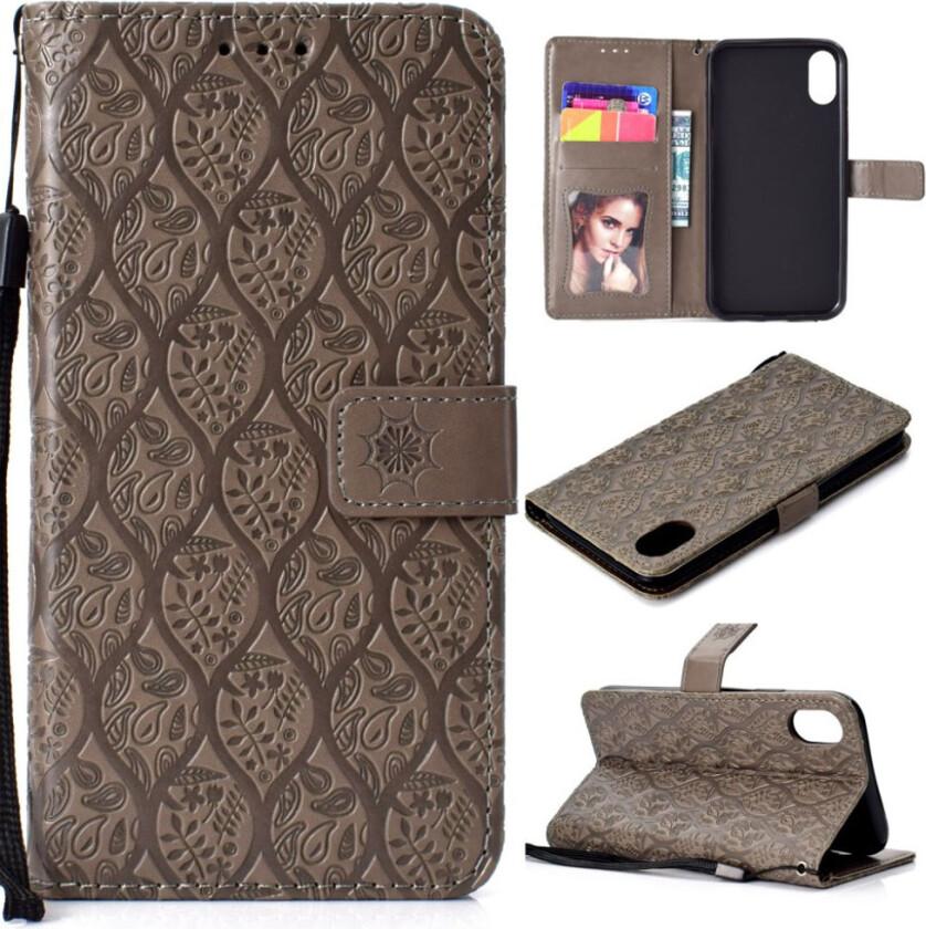 iPhone 9 Plus beskyttelses deksel av syntetisk skinn med blad avtrykk - grå