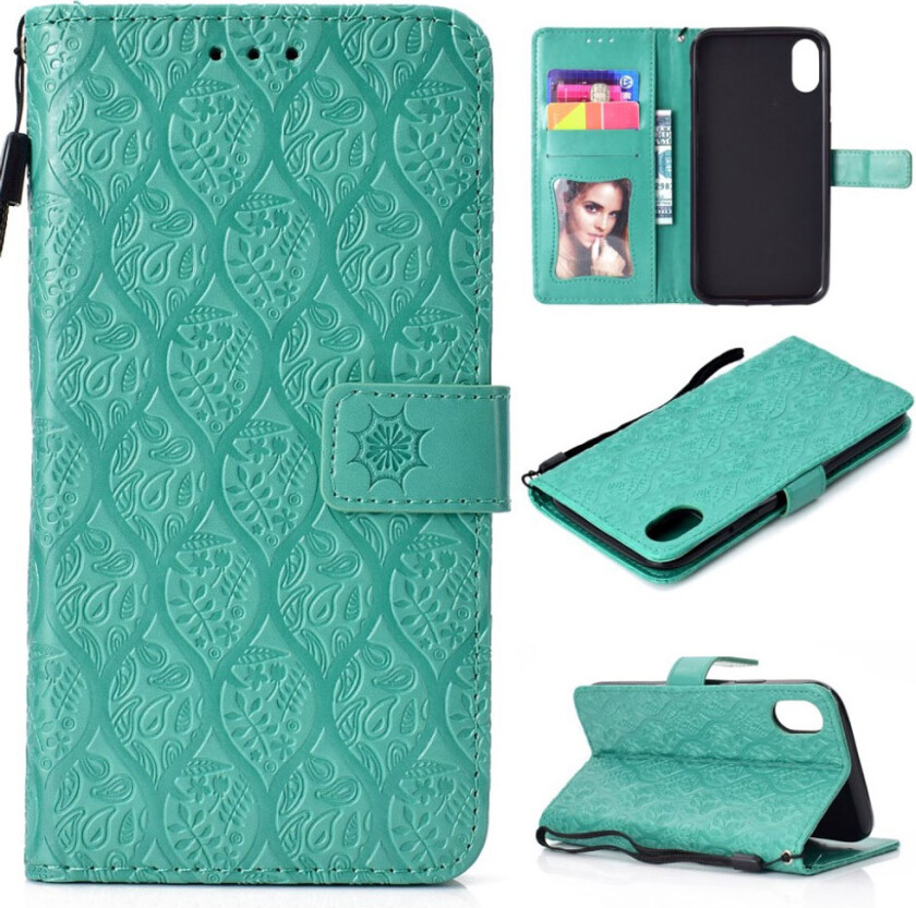 iPhone 9 Plus beskyttelses deksel av syntetisk skinn med blad avtrykk - turkis