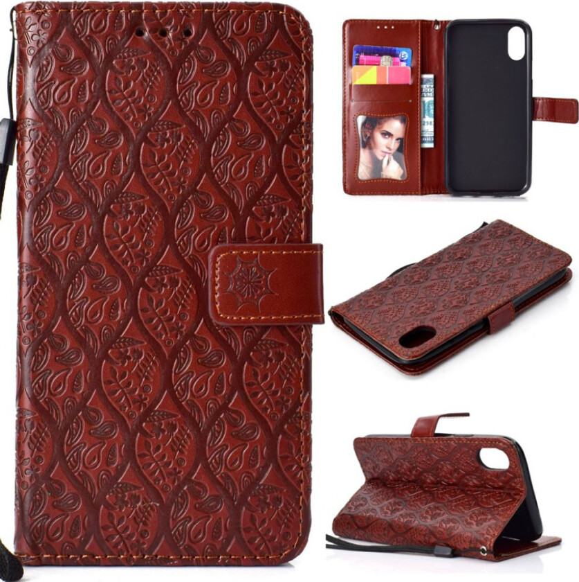 iPhone 9 Plus beskyttelses deksel av syntetisk skinn med blad avtrykk - brun