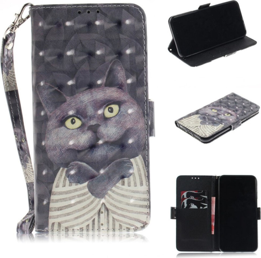 iPhone 9 Plus beskyttelses deksel av syntetisk skinn med printet mønster og lyse flekker dekor - grå katt